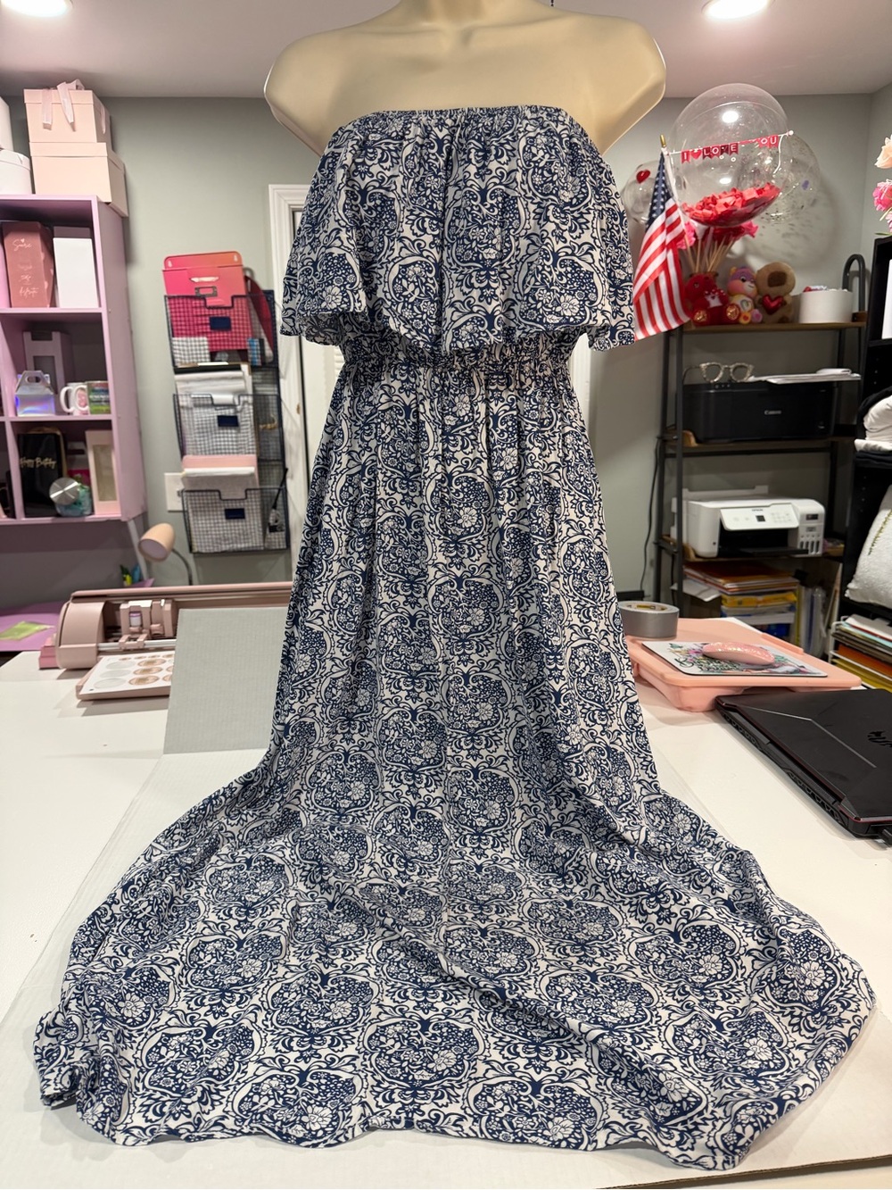 Women's Strapless Blue and White Printed Maxi Dress
